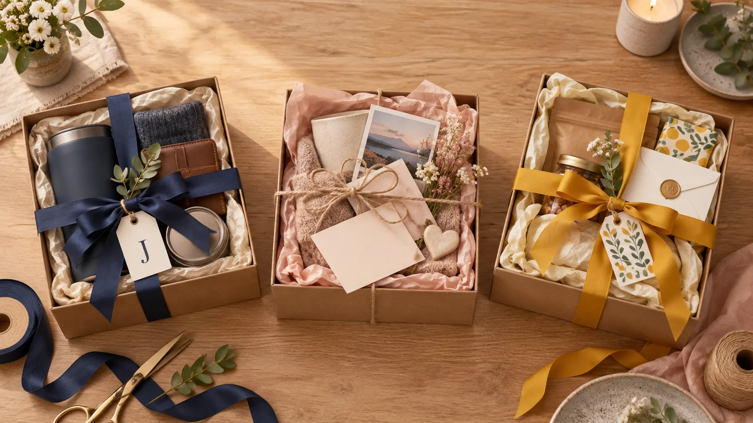 Overhead view of three open gift boxes on a wooden table, each arranged with tissue paper, ribbons, tags, small keepsakes, and greenery in navy, blush, and golden-yellow color palettes.