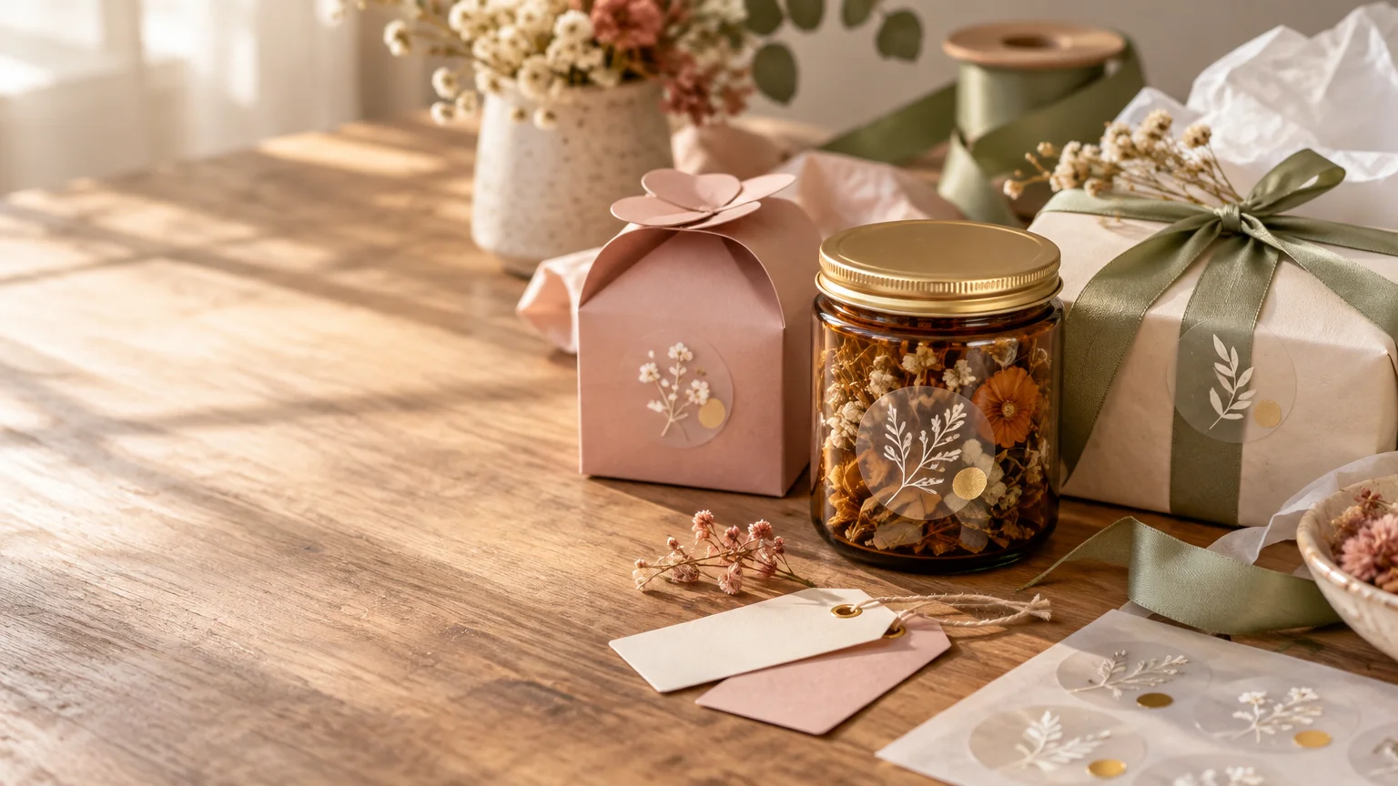 Warm horizontal tabletop scene with a dried-flower jar, pink gift box, ribbon-wrapped parcel, blank gift tags, and translucent botanical stickers in soft sunlight.