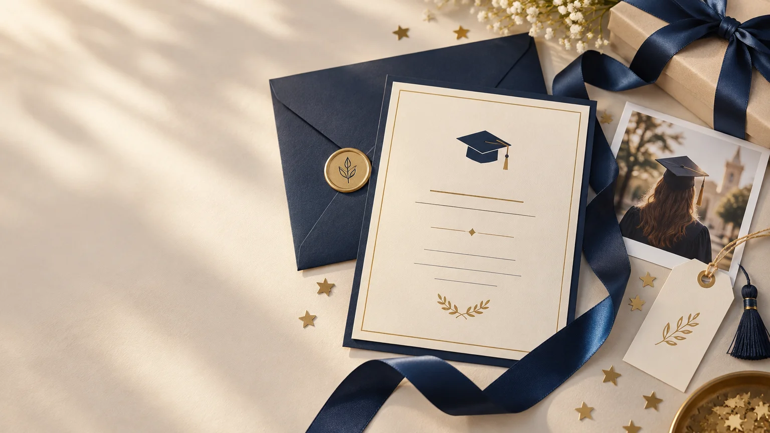Warm flat lay of a blank graduation invitation with a navy envelope, navy ribbon, wrapped gift, tassel tag, gold star confetti, and a small photo of a graduate in cap and gown.