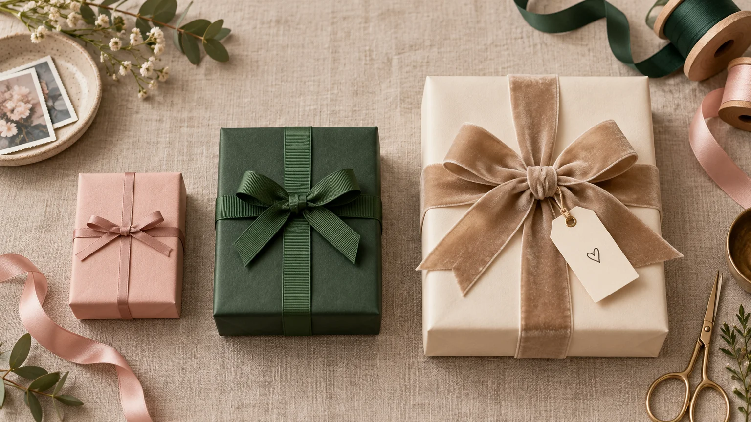 Overhead view of three wrapped gift boxes in pink, dark green, and cream, each tied with a different-width ribbon and bow, arranged with ribbon spools, loose ribbon, floral sprigs, photo prints, a gift tag, and gold scissors on a linen surface.