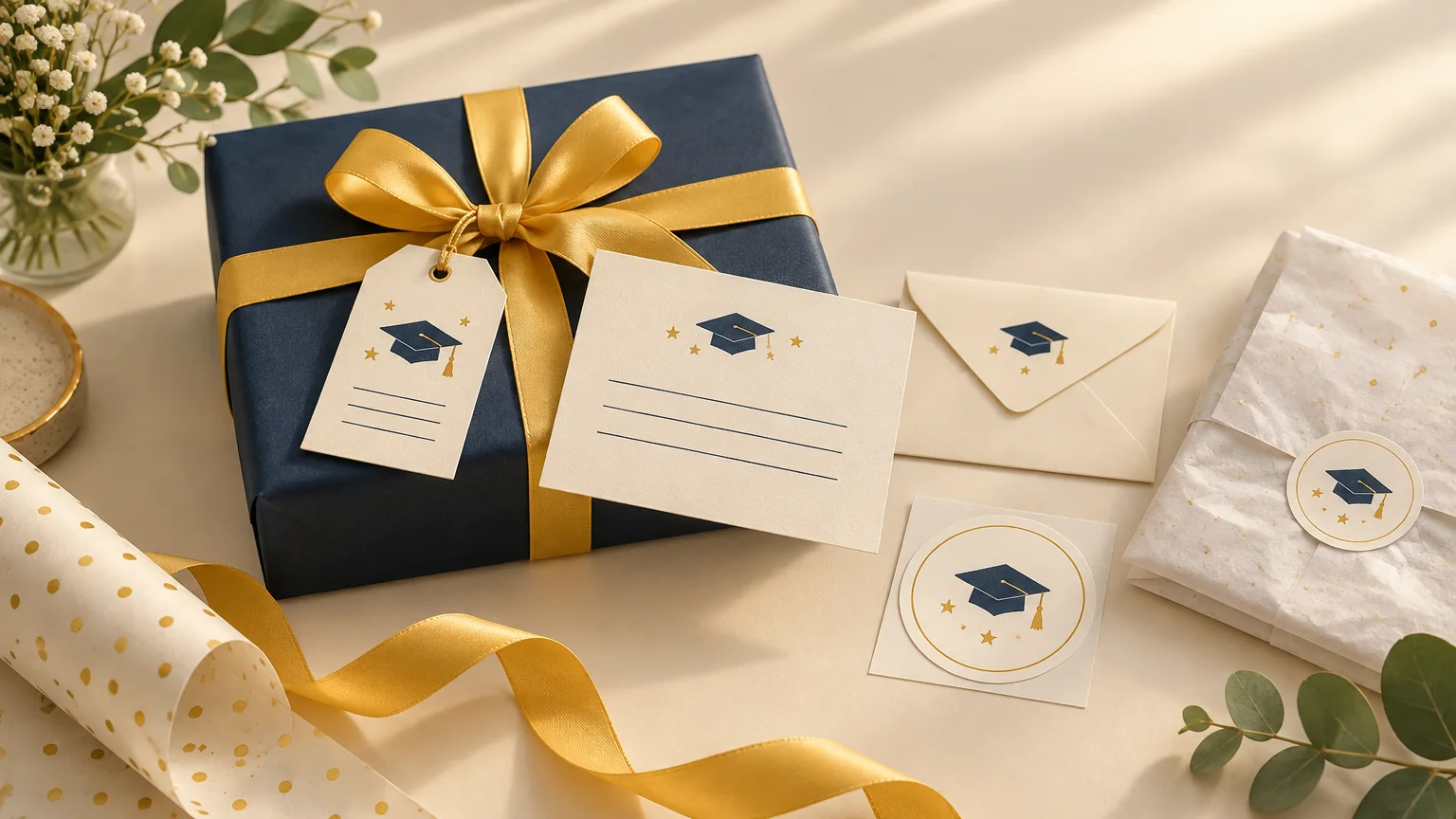 Warm tabletop arrangement of a navy gift box with a gold satin ribbon and bow, paired with matching graduation-cap gift tag, blank message card, envelope, circular sticker, and gold-speckled tissue-wrapped package.