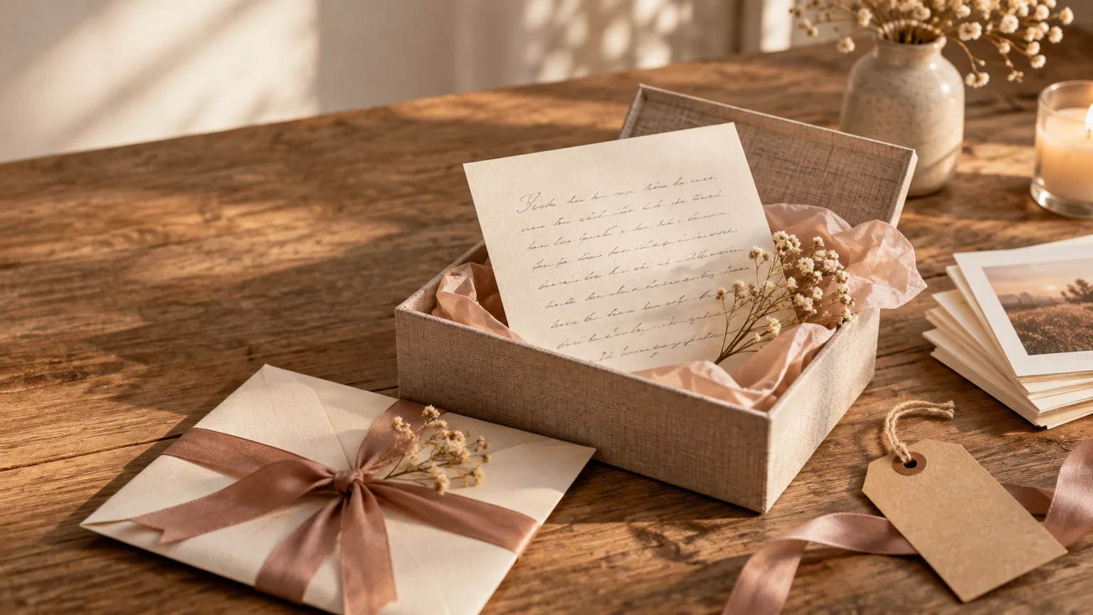 Warmly lit wooden table with an open keepsake gift box holding a handwritten letter, pink tissue paper, dried flowers, an envelope tied with ribbon, blank gift tags, photo prints, and a candle.