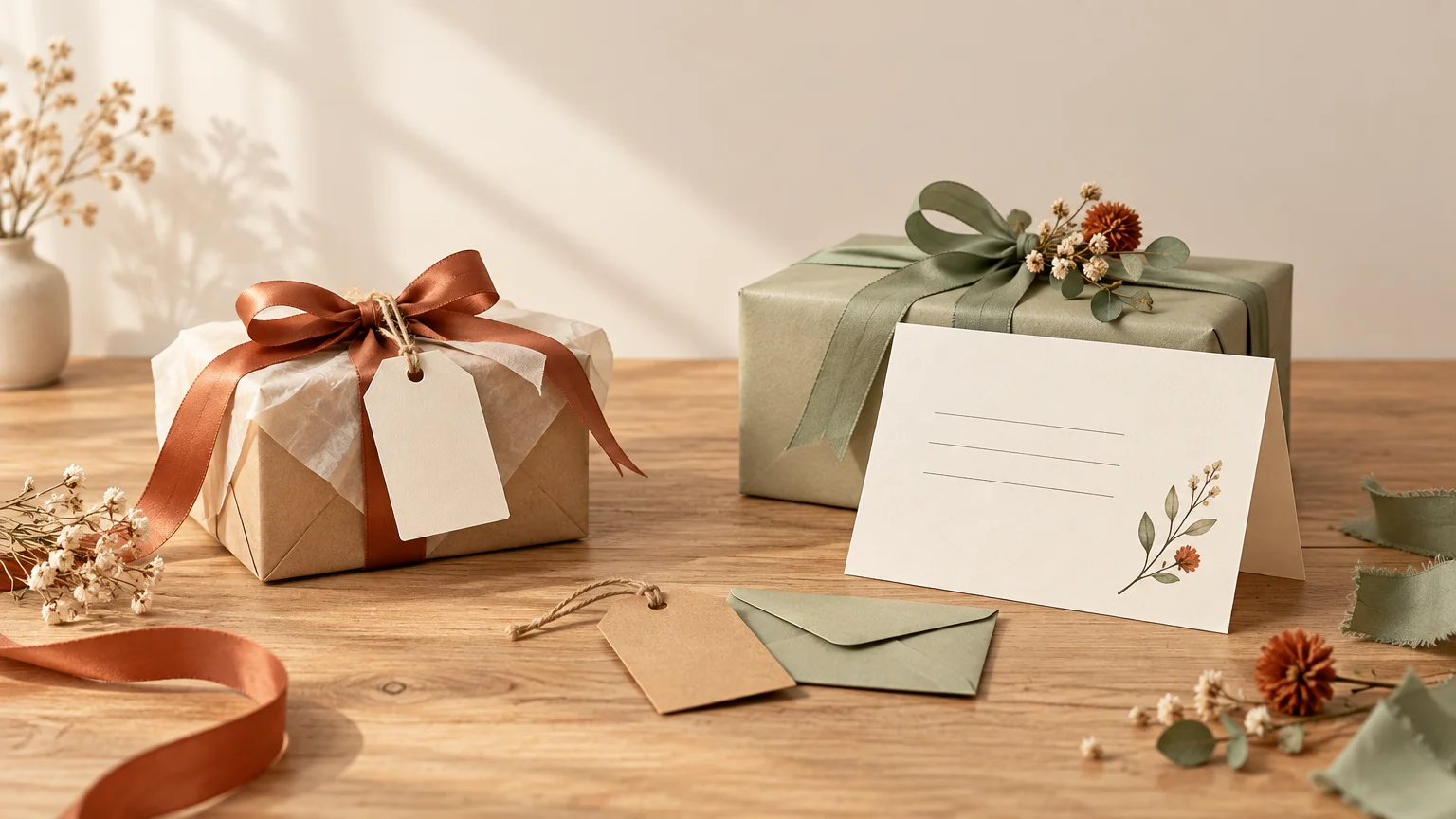 Warm tabletop scene with two ribbon-wrapped gifts, a blank hanging gift tag, a folded floral thank-you card, envelope, and dried flowers.