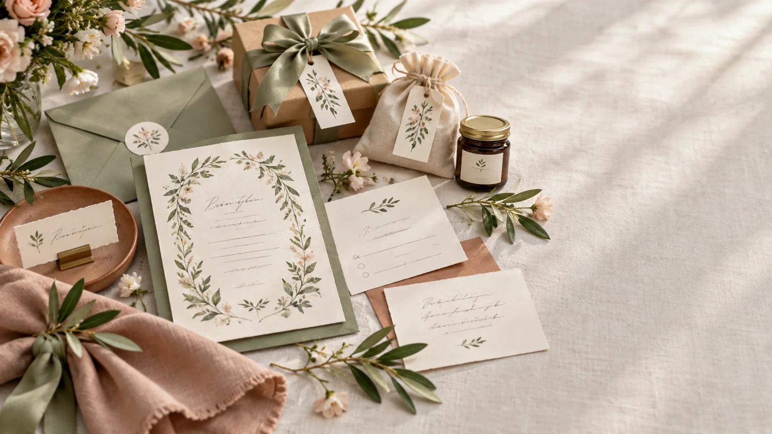 Overhead view of a coordinated floral wedding stationery and gift arrangement with illustrated invitations, envelopes, tags, a ribboned kraft gift box, a drawstring favor bag, a small labeled jar, greenery, and pale flowers on textured linen.